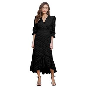Women’s Black Textured Puff Sleeves Midi Dress Elegant Flowy Sz Small